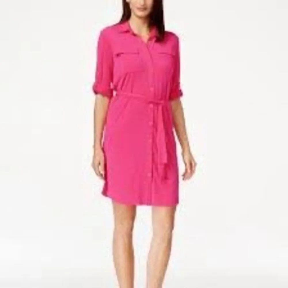 Calvin Klein Size 14 Belted Shirt Dress Coral Pink Office Casual Lace Up Neck